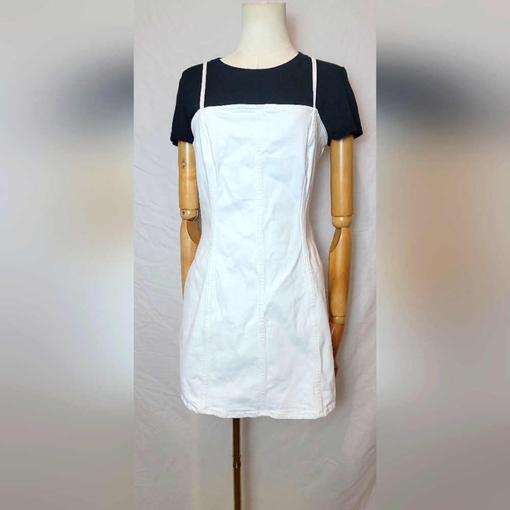 Zara White Denim Spaghetti Straps Fitted mini dress, Size Large